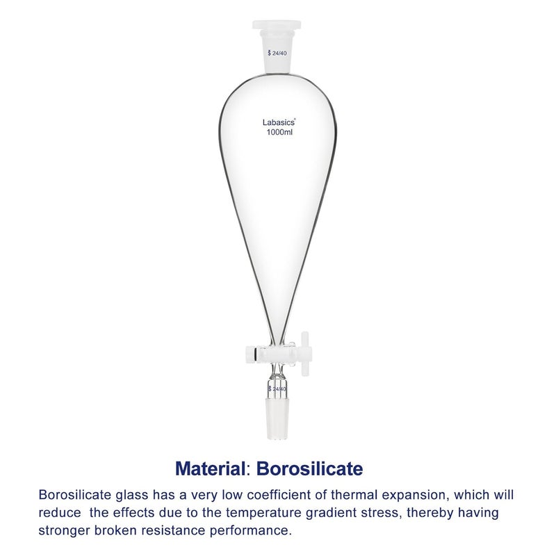 Labasics 1000 ml Conical Pear-Shaped Separatory Funnel with PTFE Stopcock, Heavy Wall Borosilicate Glass with 24/40 Joints - Image 3